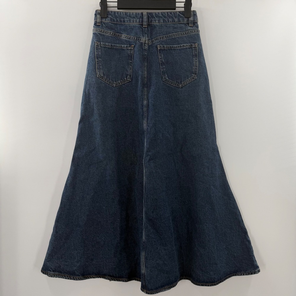 Urban Revivo Blue Denim Maxi Skirt Gold Ornate Button Front A-Line NWT Size US 2 - Picture 2 of 10